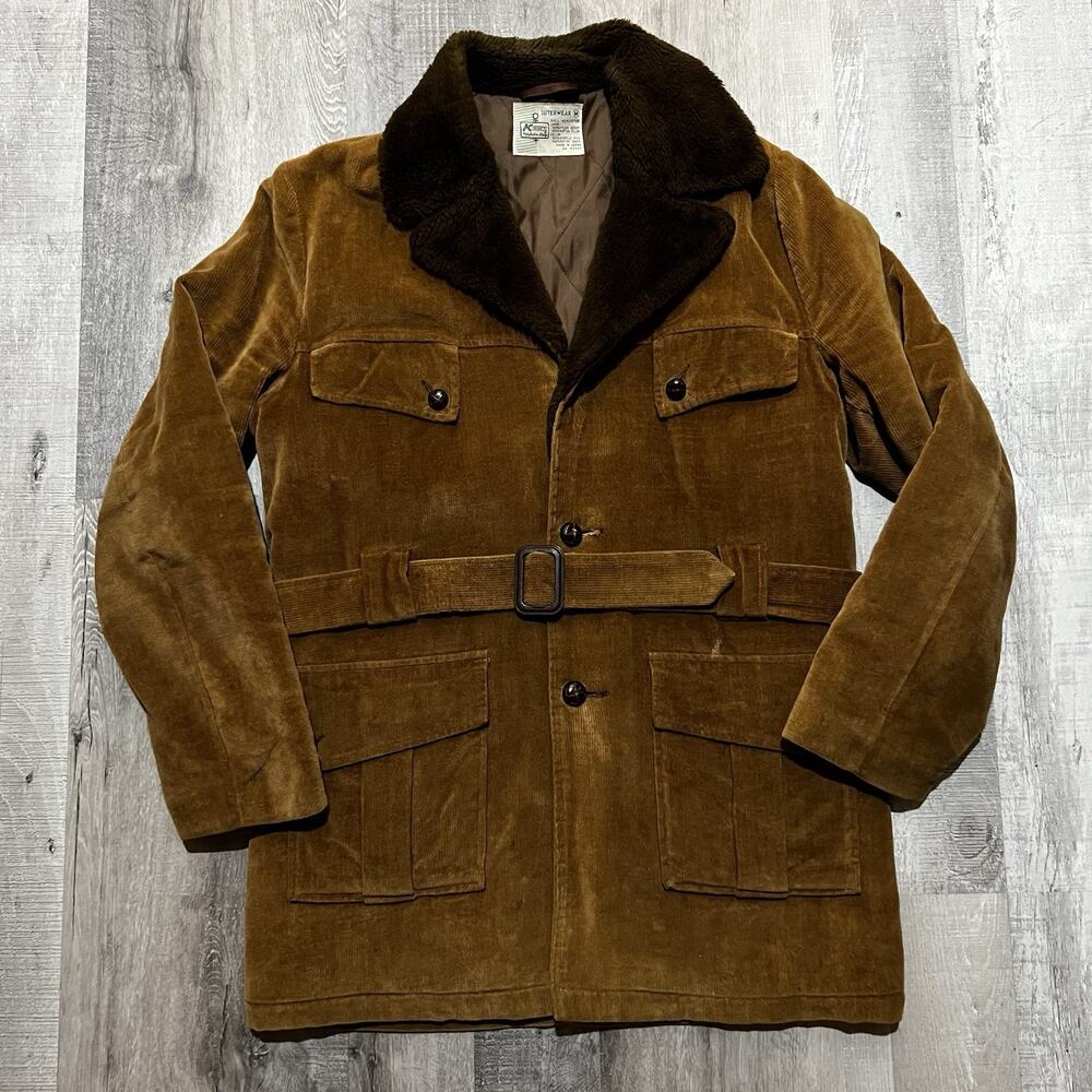 VTG Kmart Corduroy Safari Jacket Belted Brown Men’s M 70s Japan Made Fur Collar